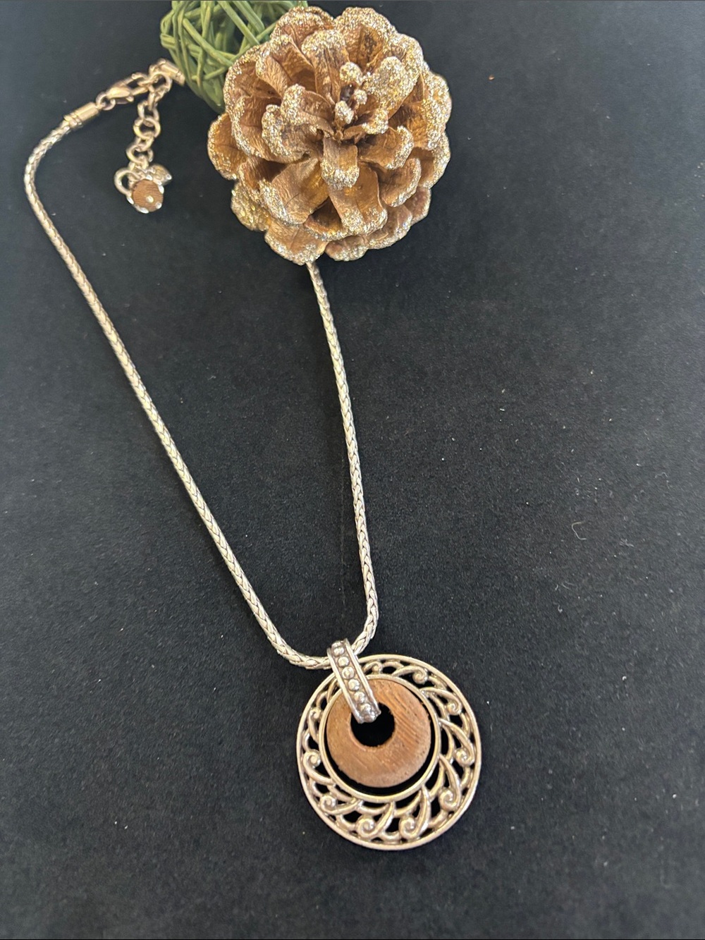 Brighton Silver-Tone Filigree Circle Pendant Necklace with Brown Wood Accent